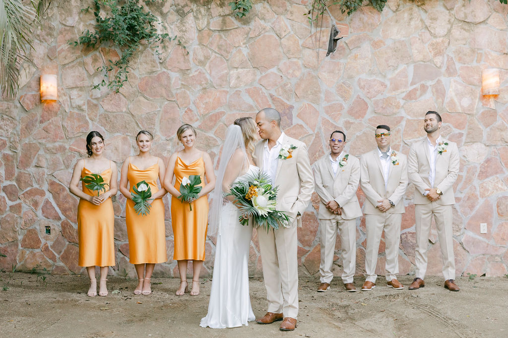 picture of the bride and groom with their bridesmaids and groomsmen 