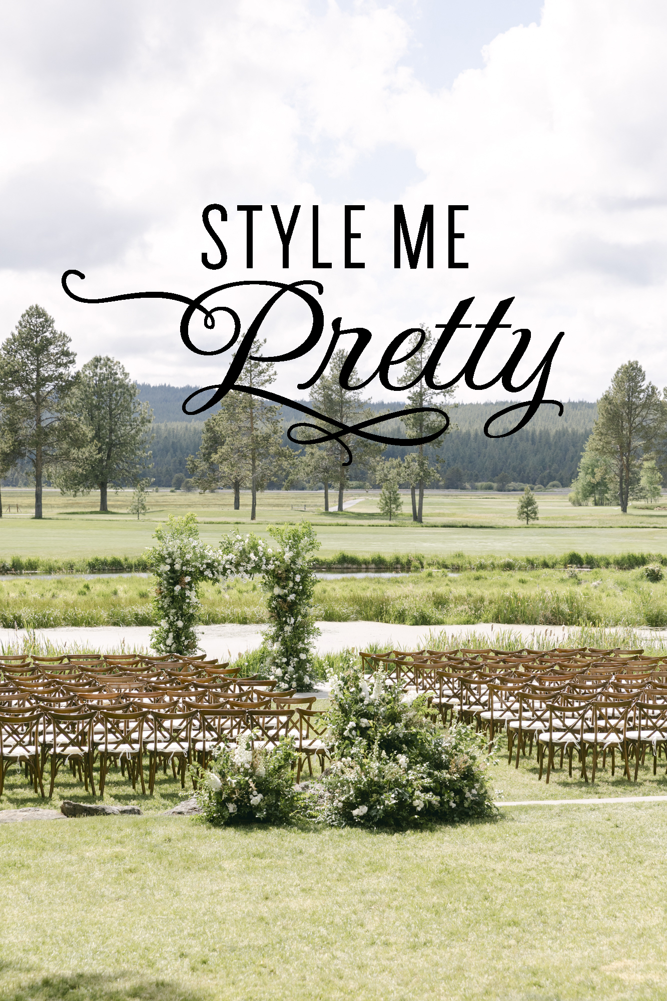 Sunriver Resort Summer wedding. Ceremony site with Style Me Pretty logo.