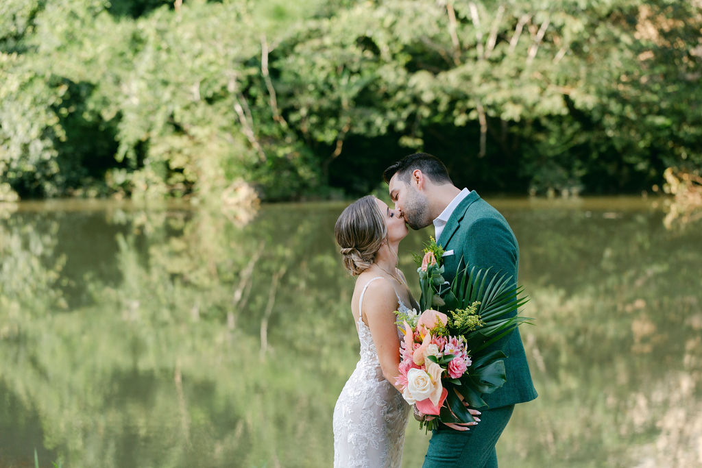 newlyweds at their tropical wedding 