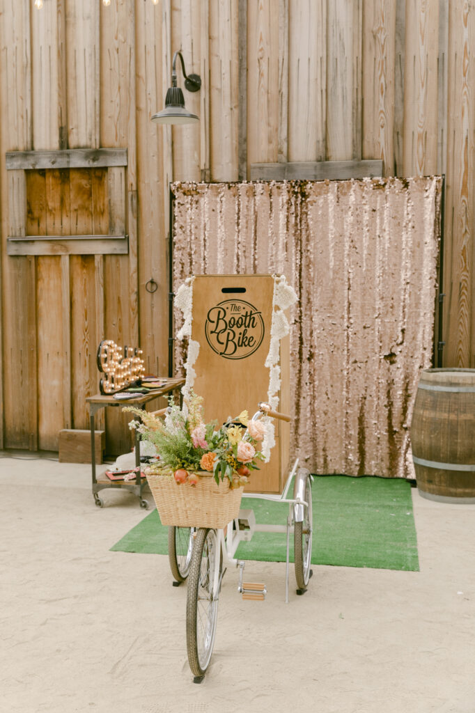 lush florals at the reception in a bicycle