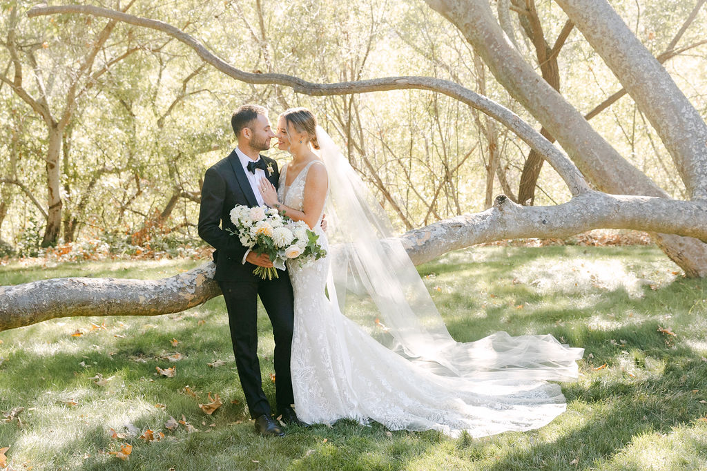 cute picture of the bride and groom looking at each other 