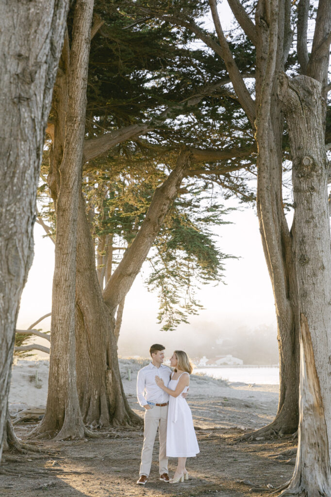 couple standing beneath tall trees at Crissy Field East Beach during a golden hour engagement session in San Francisco California