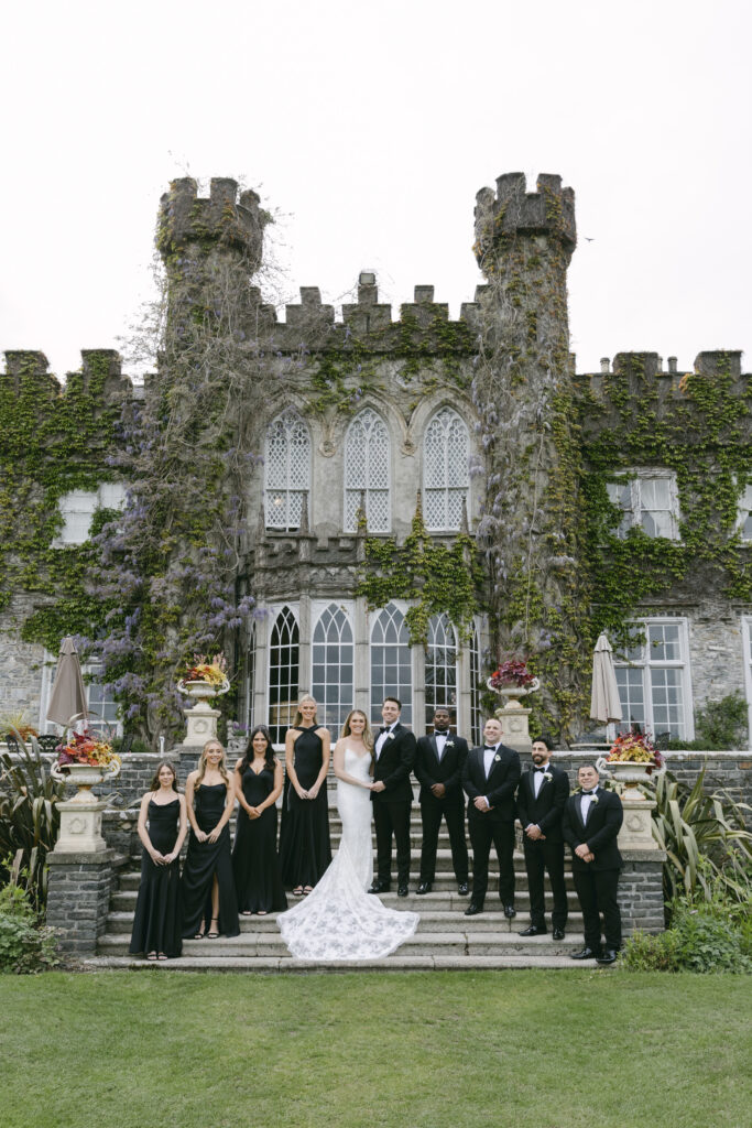Bridal party portrait on the steps of Luttrellstown Castle with wisteria climbing the stone façade.