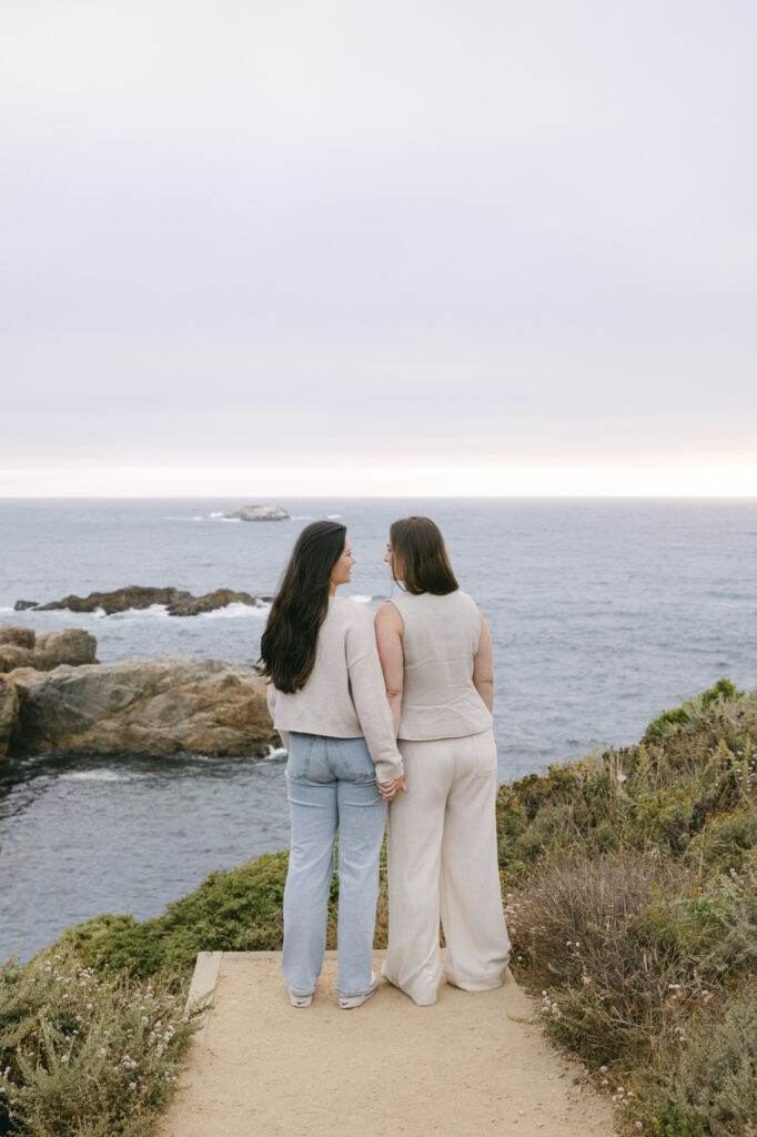 Engaged couple holding hands with their backs to the camera, overlooking the ocean at Garrapata State Park near Carmel
